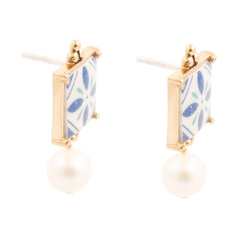 Santorini Dreams Tile Freshwater White Pearl Post Golden Earrings