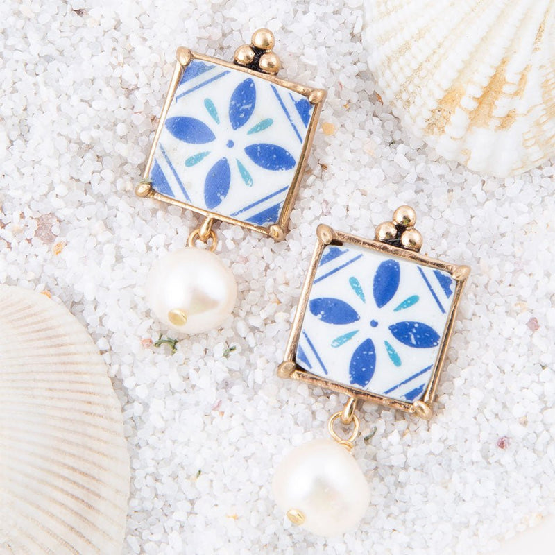 Santorini Dreams Tile Freshwater White Pearl Post Golden Earrings