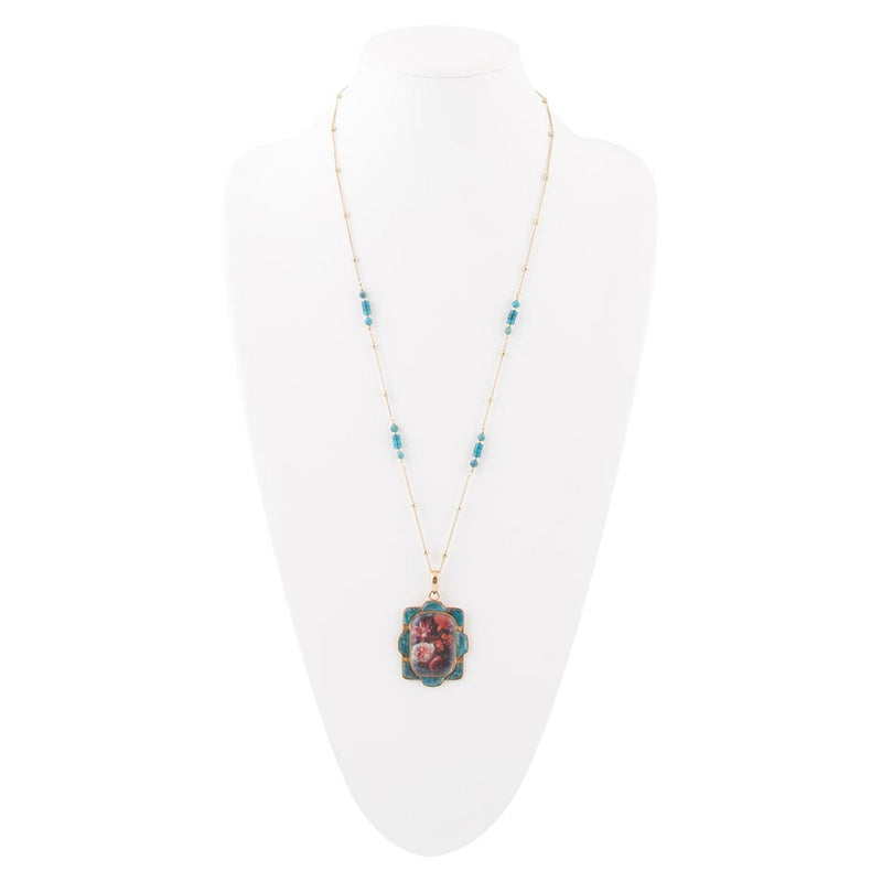 Scenic Red Florals Blue Apatite Golden Pendant Necklace