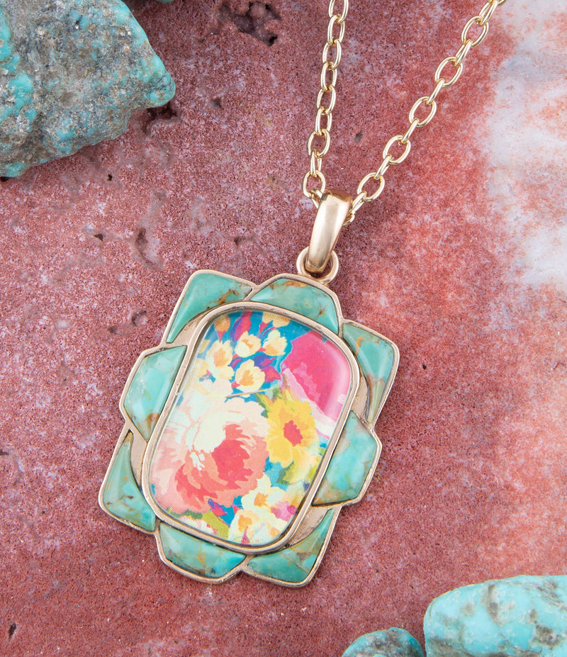 Scenic Floral and Blue Turquoise Golden Pendant Necklace