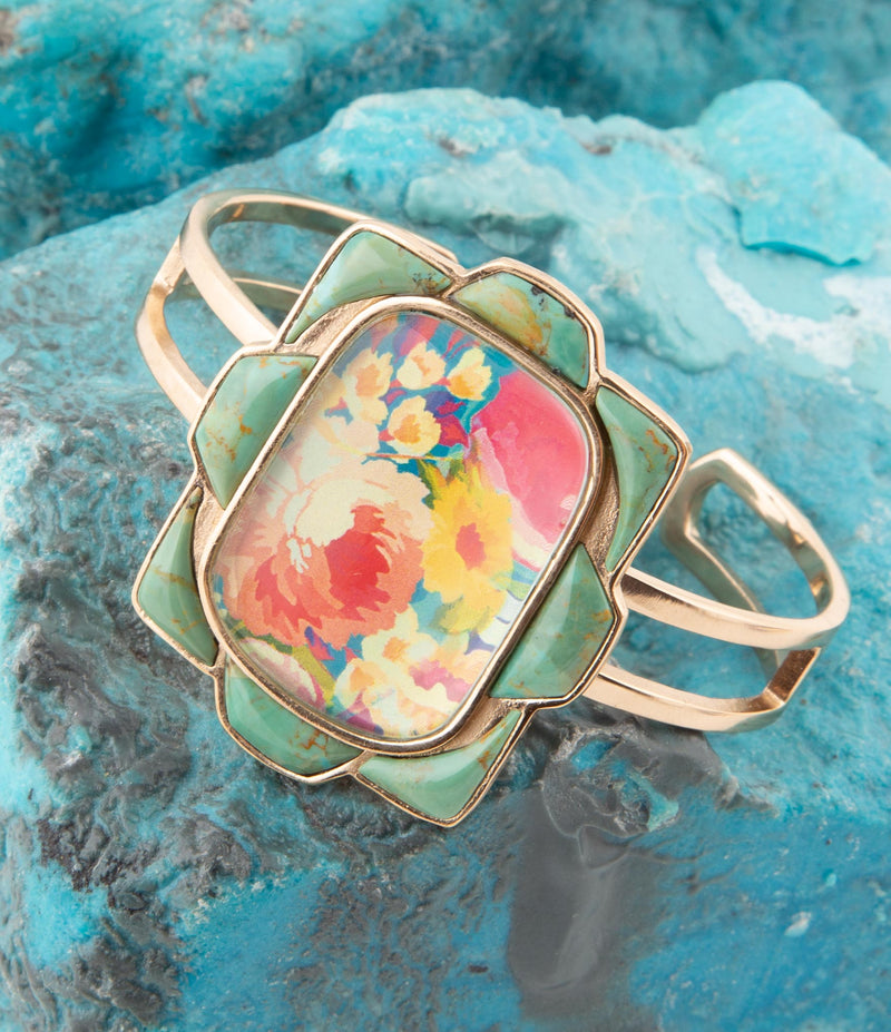 Scenic Floral Blue Turquoise and Golden Cuff Bracelet