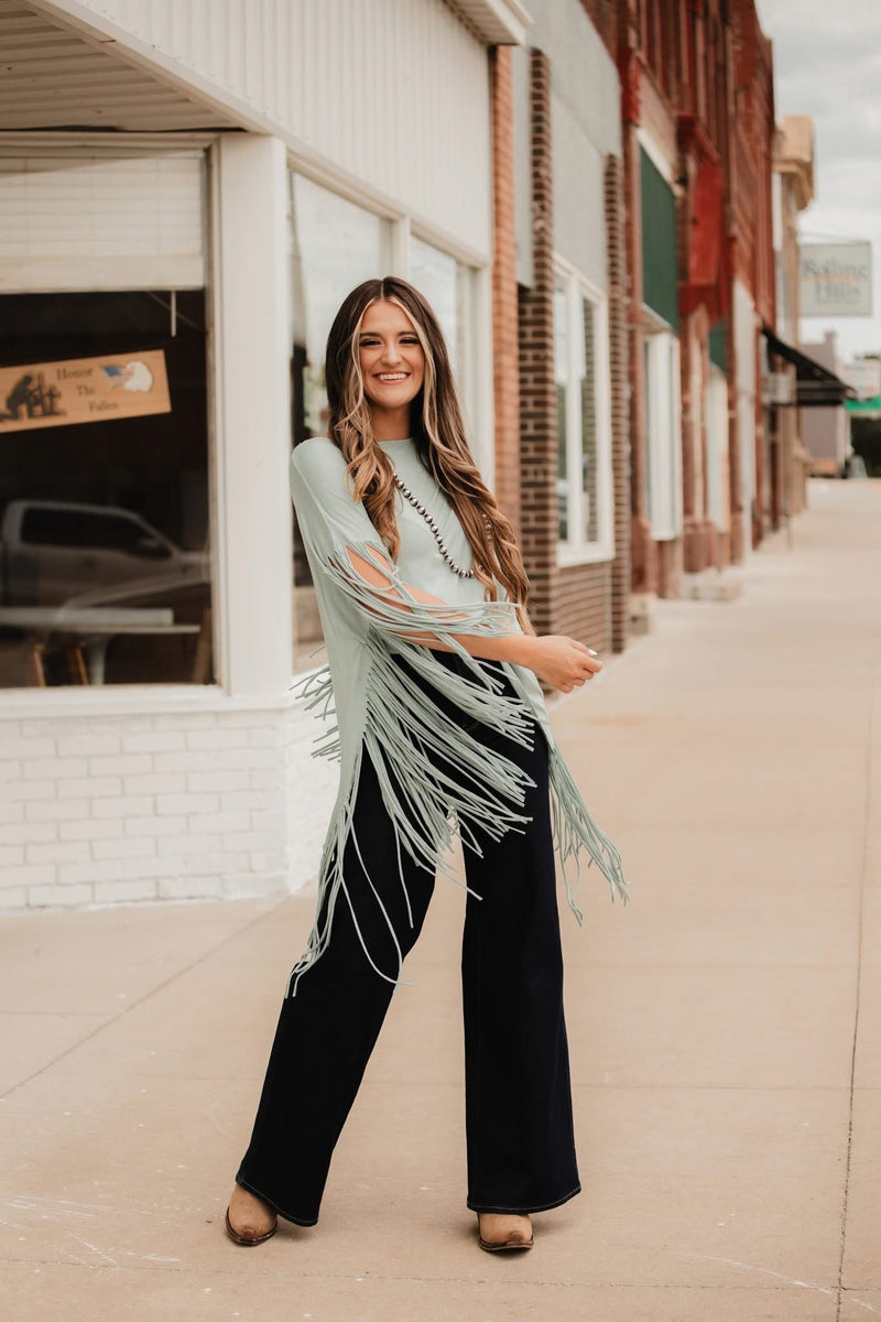 Showstopper Fringe Top - Washed Seafoam