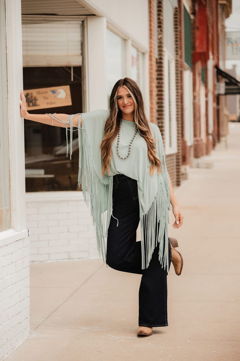 Showstopper Fringe Top - Washed Seafoam