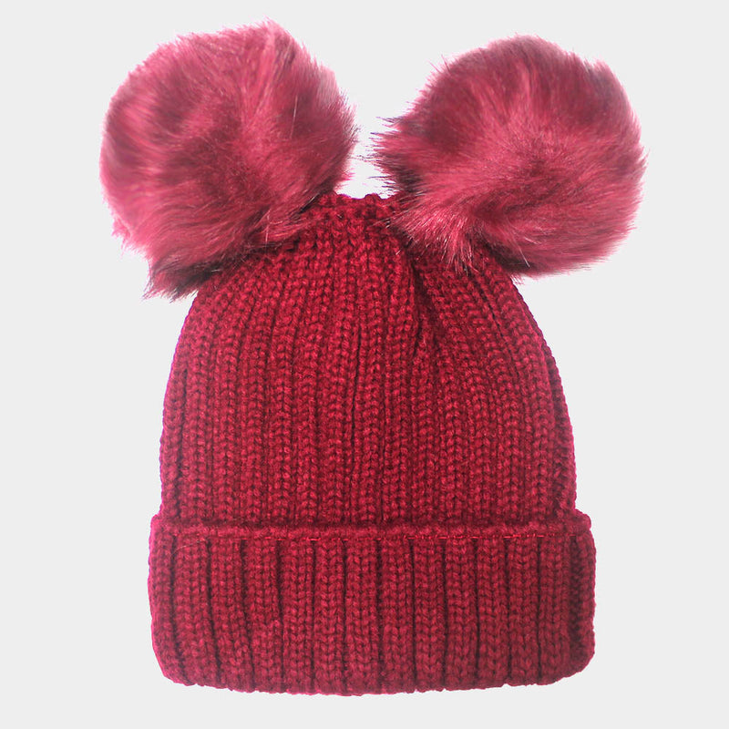 Women's Soft Knit Double Faux Fur Pom Beanie Hat