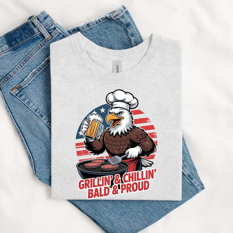 Grillin’ & Chillin’, Bald & Proud T-Shirt – Patriotic Bald Eagle BBQ Vintage Tee