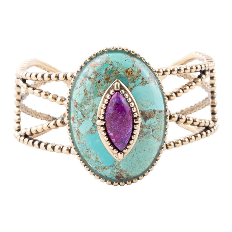 Stacked Blue and Purple Turquoise Golden Cuff Bracelet