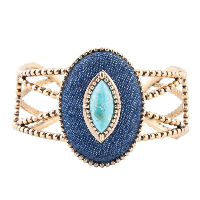 Stacked Blue Turquoise and Denim Golden Cuff Bracelet