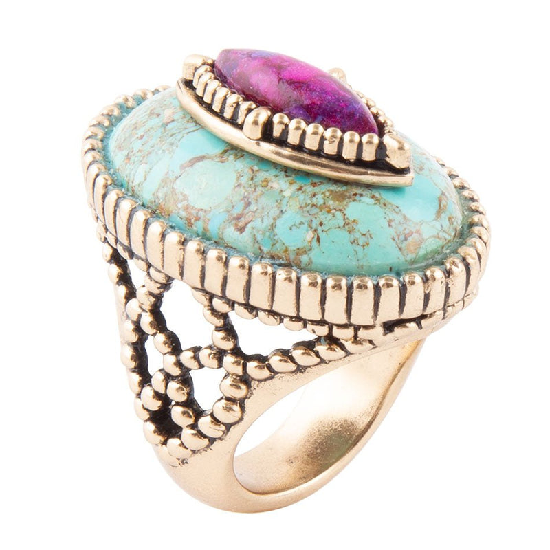 Stacked Stone Blue and Purple Turquoise Golden Ring