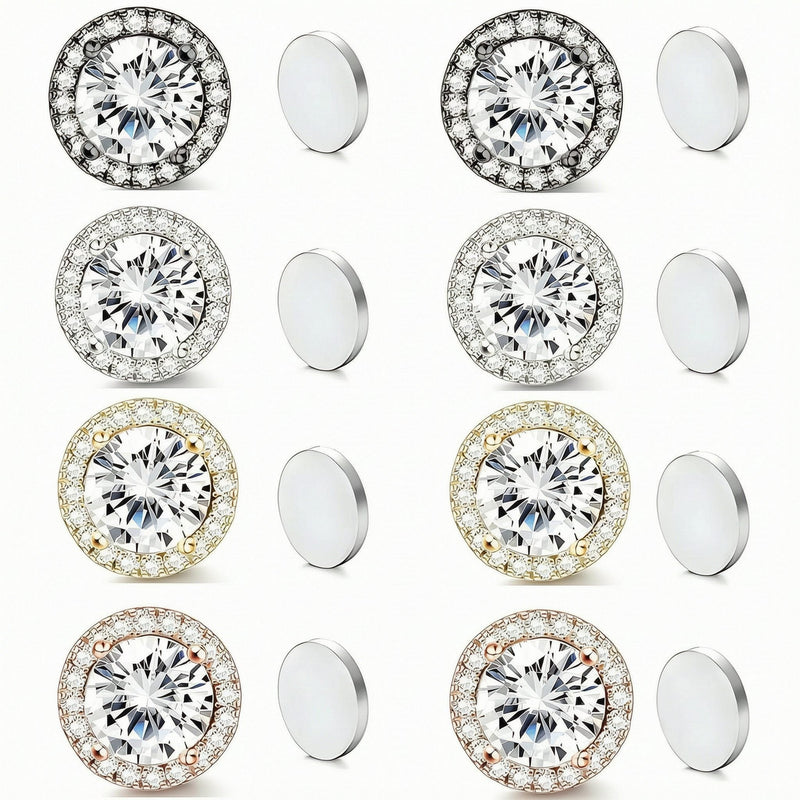 Stainless Steel Magnetic CZ Round Halo Stud Earrings for Men Women, Round Cubic Zirconia Inlaid Magnetic Earrings Non-Piercing Clip On Stud Earring