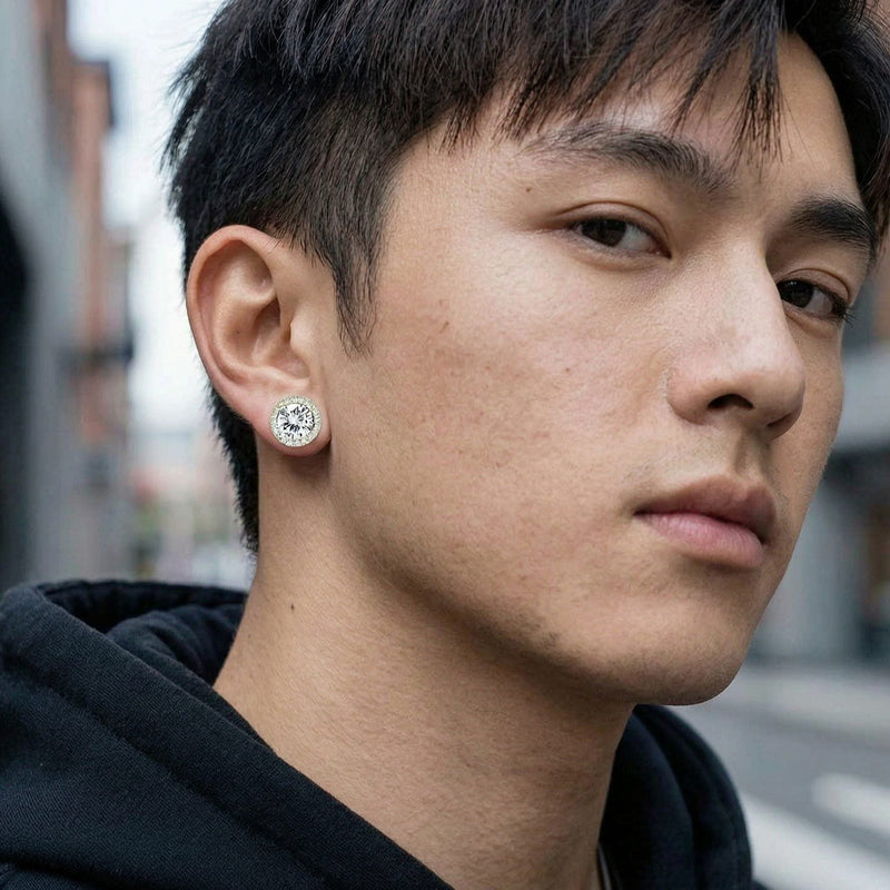 Stainless Steel Magnetic CZ Round Halo Stud Earrings for Men Women, Round Cubic Zirconia Inlaid Magnetic Earrings Non-Piercing Clip On Stud Earring