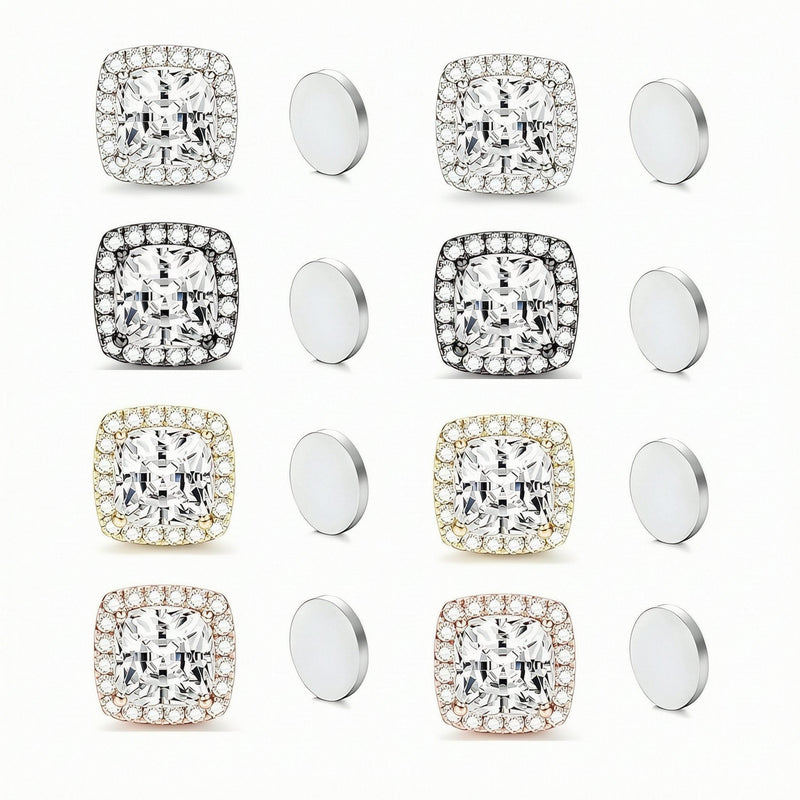 Stainless Steel Magnetic CZ Square Halo Stud Earrings for Men Women, Square Cubic Zirconia Inlaid Magnetic Earrings Non-Piercing Clip On Stud Earring