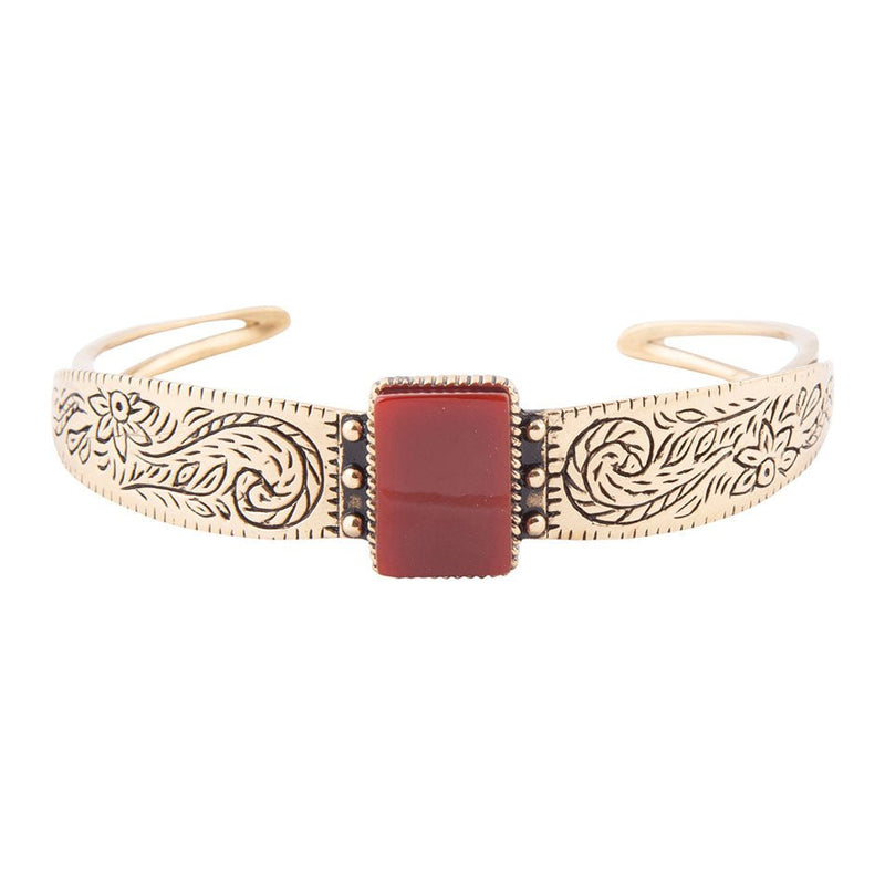 Stamped Orange Carnelian Golden Cuff Bracelet