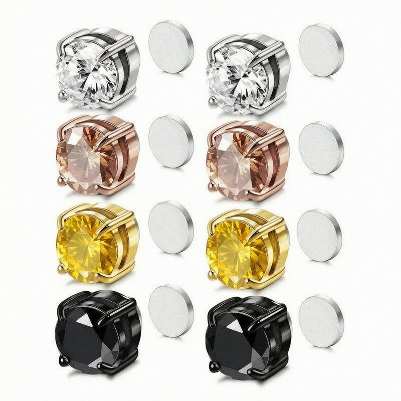 Stainless Steel Magnetic Stud Earrings for Men Women Unisex, 6/8mm 4-Prong Round CZ Inlaid Magnetic Earrings Non-Piercing Clip On Studs