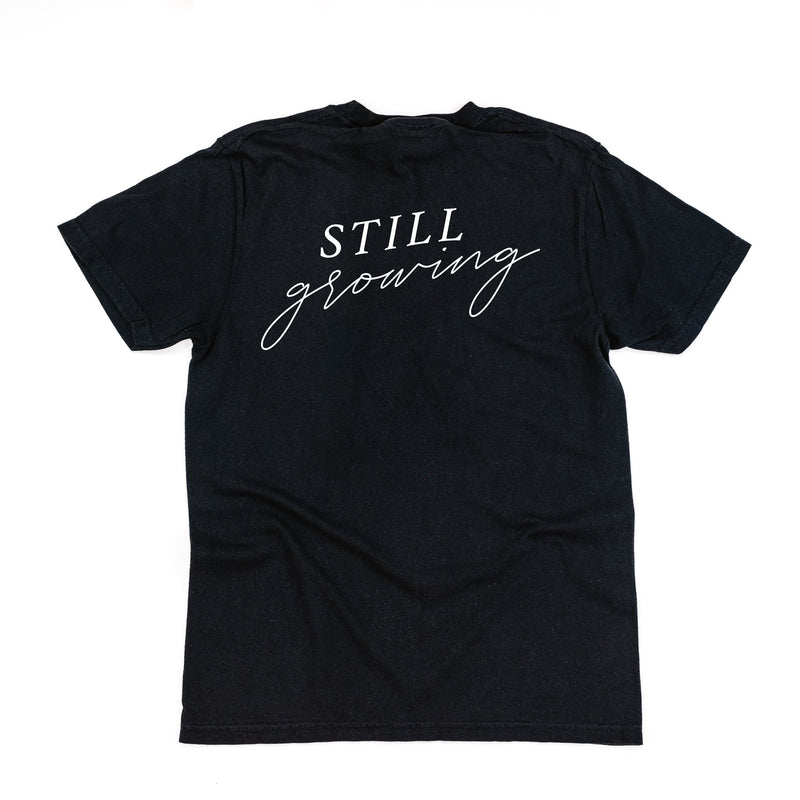 Embroidered Pocket Flowers on Front w/ Printed Still Growing on Back - Comfort Colors Tee