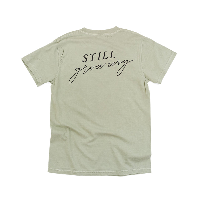 Embroidered Pocket Flowers on Front w/ Printed Still Growing on Back - Comfort Colors Tee