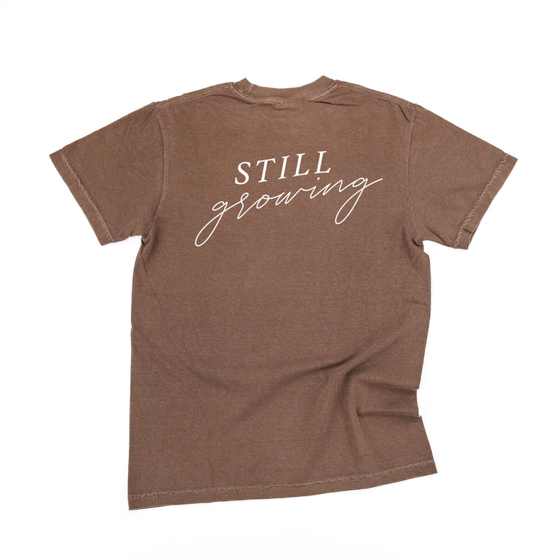 Embroidered Pocket Flowers on Front w/ Printed Still Growing on Back - Comfort Colors Tee