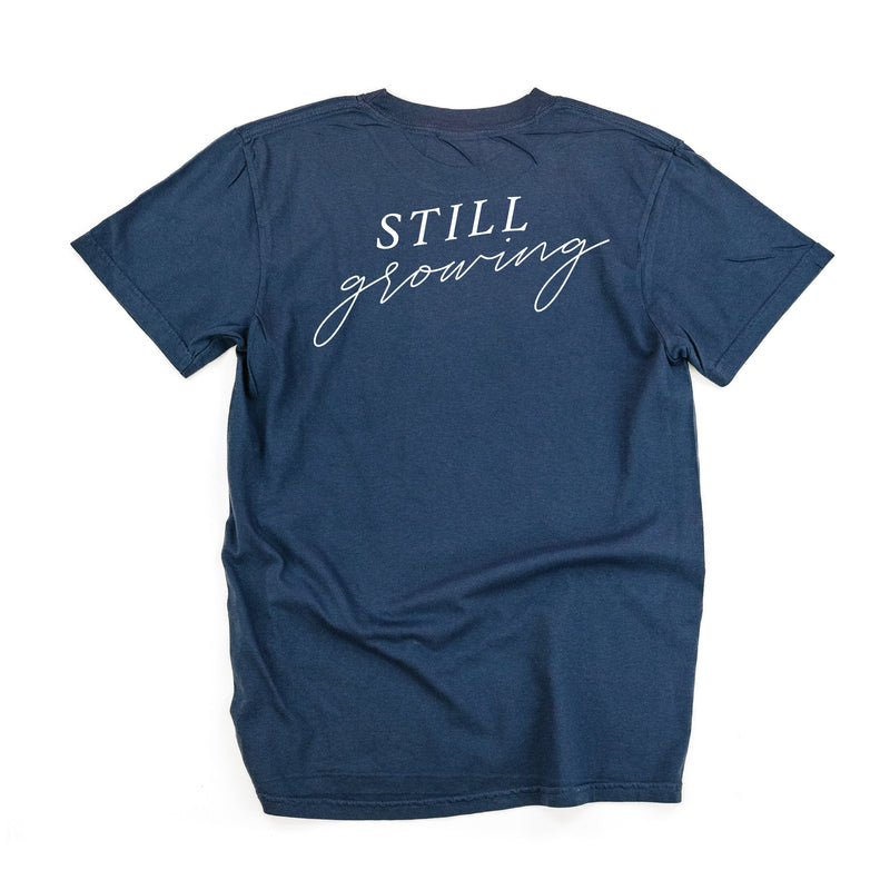 Embroidered Pocket Flowers on Front w/ Printed Still Growing on Back - Comfort Colors Tee