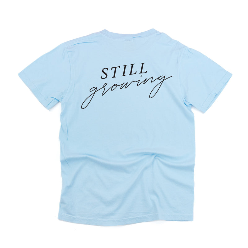 Embroidered Pocket Flowers on Front w/ Printed Still Growing on Back - Comfort Colors Tee