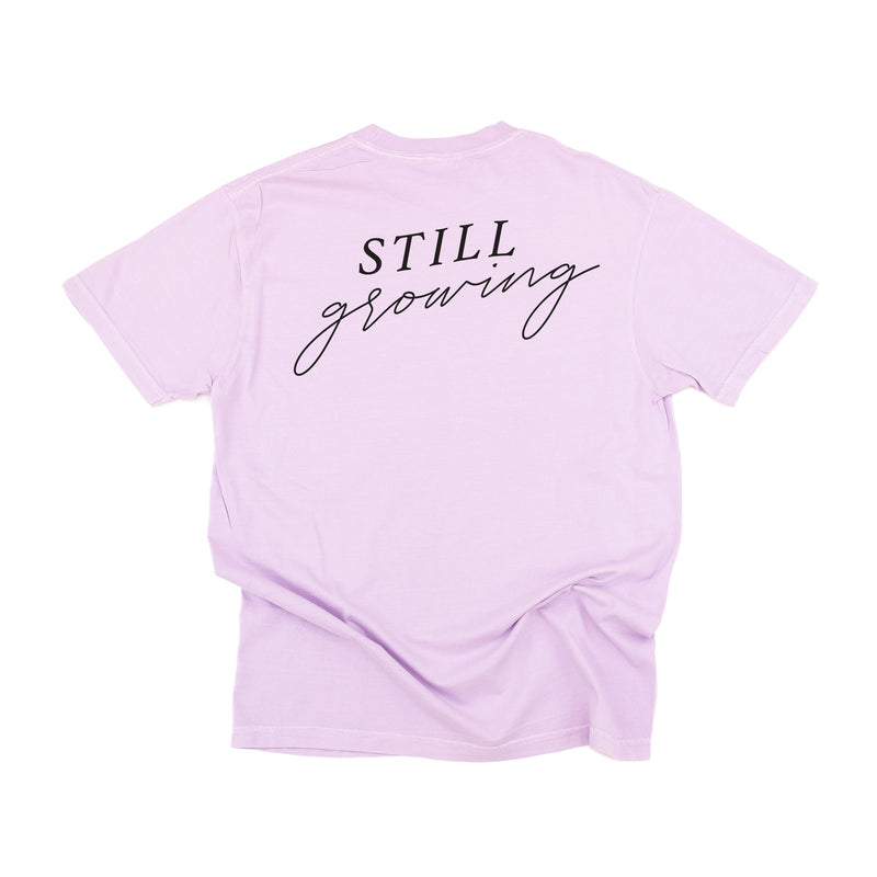 Embroidered Pocket Flowers on Front w/ Printed Still Growing on Back - Comfort Colors Tee