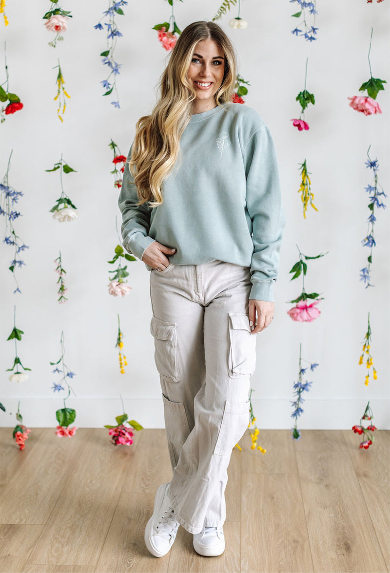 Embroidered/Printed PIGMENT Crewneck (pf&b) - Flowers / Still Growing