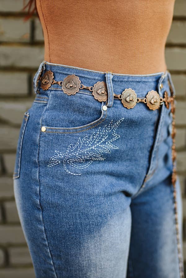 Stone Wash High Rise Boot Stitch Embroidered Flare Jeans