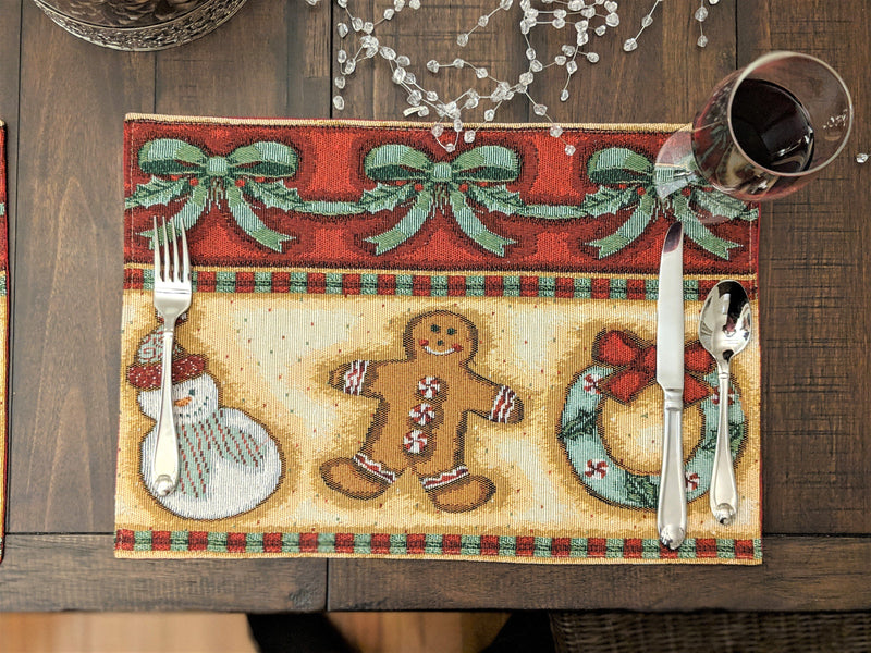 DaDa Bedding Set of 8 Pieces Gingerbread Sweets Holiday Table Tapestry - 4 Placemats, 2 Table Runners, 2 Throw Pillow Covers (12917)