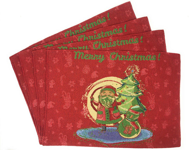 DaDa Bedding Set of 8 Pieces Red Santa Claus Holiday Table Tapestry - 4 Placemats, 2 Table Runners, 2 Throw Pillow Covers (17615)