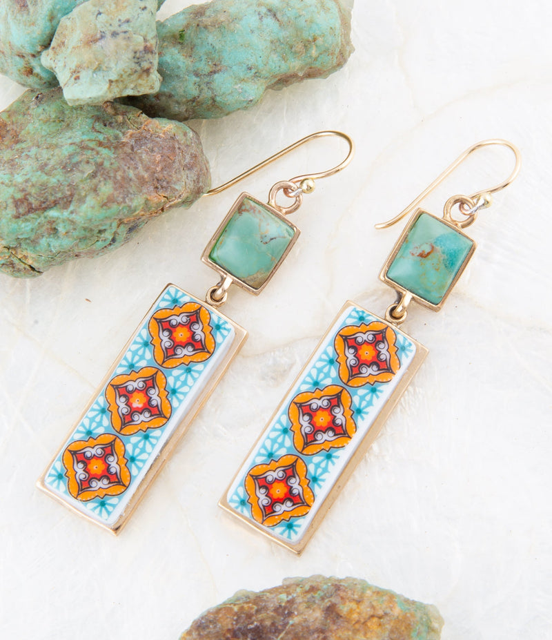 Talavera Tile and Blue Turquoise Golden Dangle Earrings