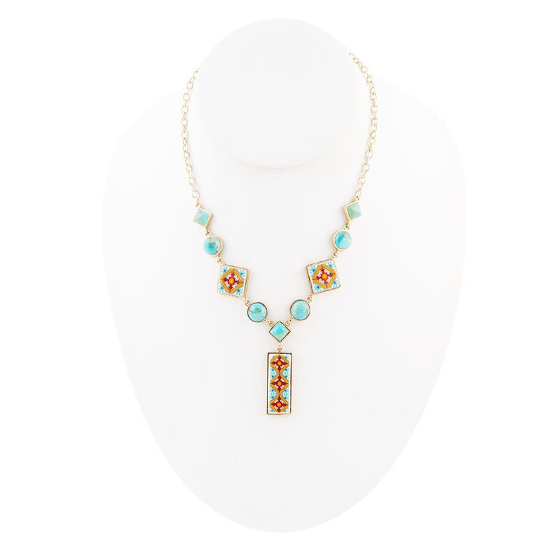 Talavera Tile and Blue Turquoise Golden Y-Neck Necklace