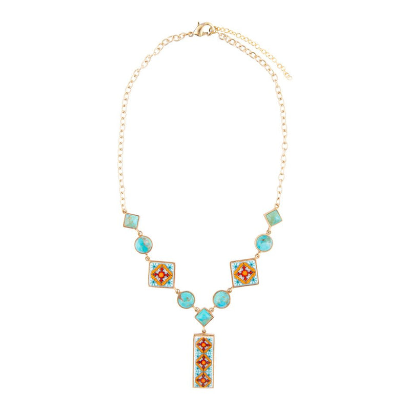 Talavera Tile and Blue Turquoise Golden Y-Neck Necklace