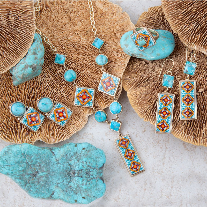Talavera Tile and Blue Turquoise Golden Y-Neck Necklace