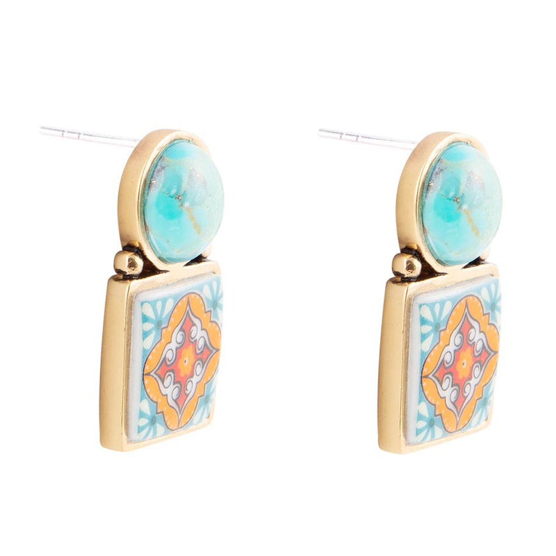 Talavera Tile Blue Turquoise Golden Drop Earrings