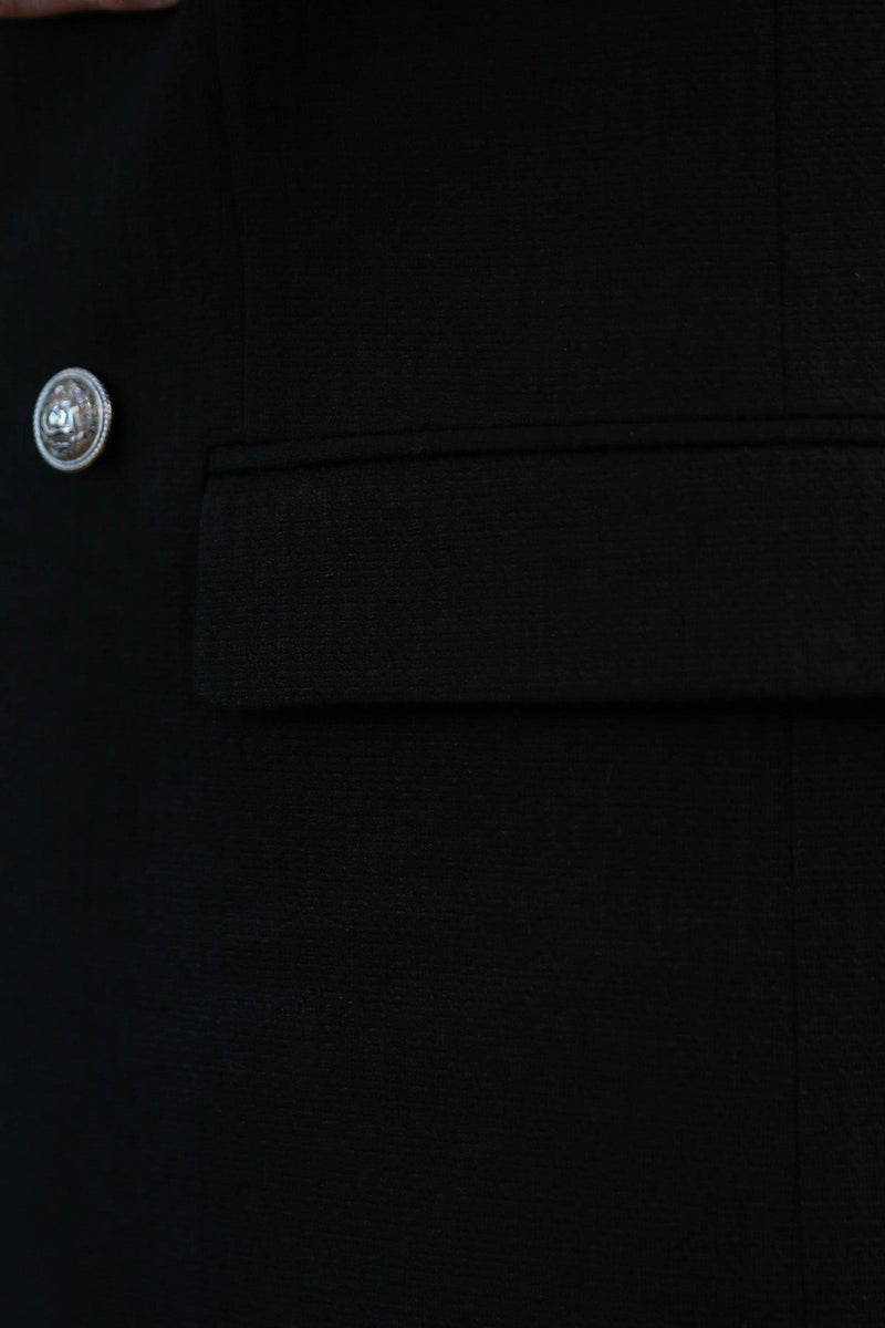 Black Solid Slim Fit Double-Breasted Blazer with Silver Metal Buttons – Wessi