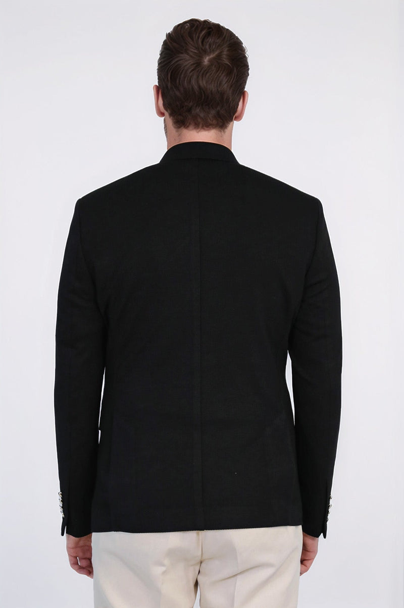 Black Solid Slim Fit Double-Breasted Blazer with Silver Metal Buttons – Wessi