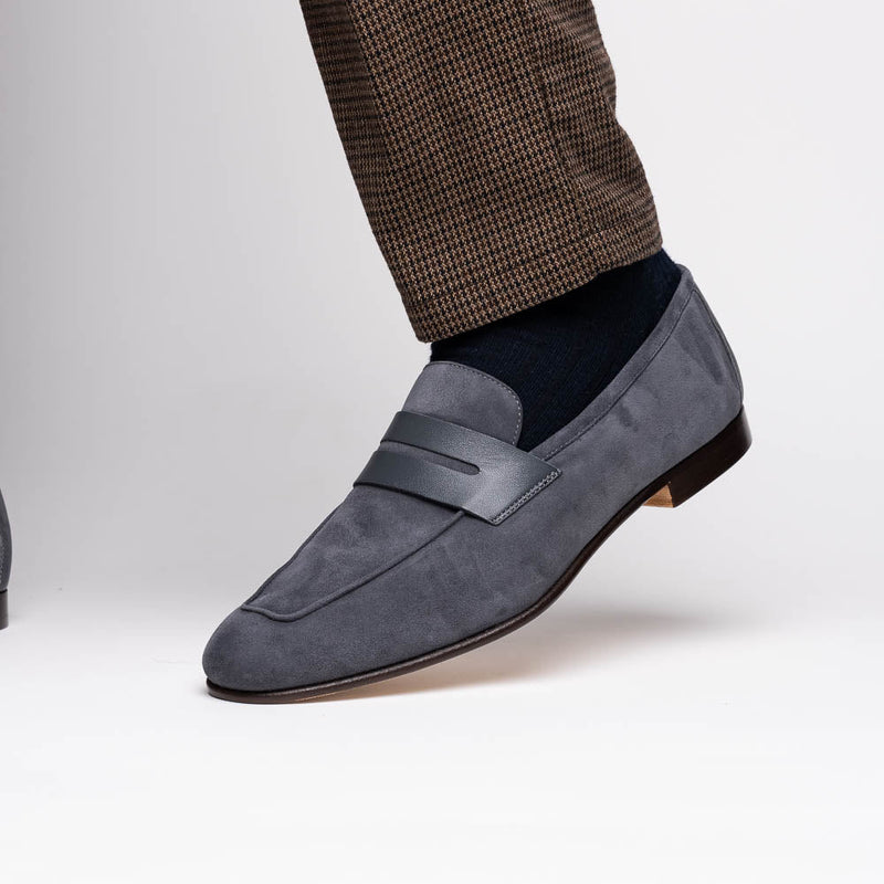 16-672-GRY Tippa Suede & Calfskin Penny Loafers Grey