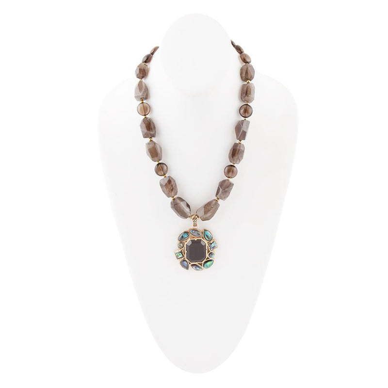 Tribecca Blue Abalone and Black Smoky Quartz Golden Statement Necklace