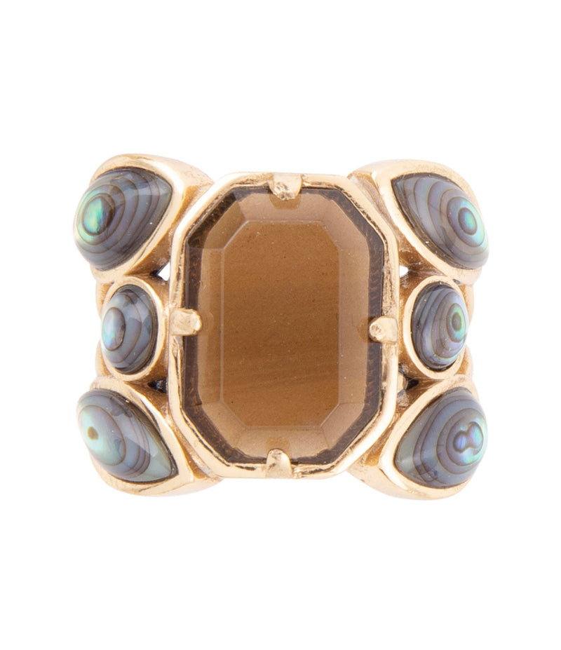 Tribecca Smoky Brown Quartz and Abalone Statement Golden Ring