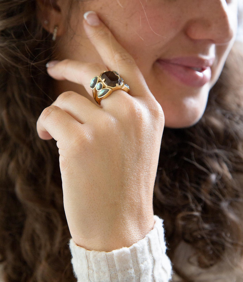 Tribecca Smoky Brown Quartz and Abalone Statement Golden Ring