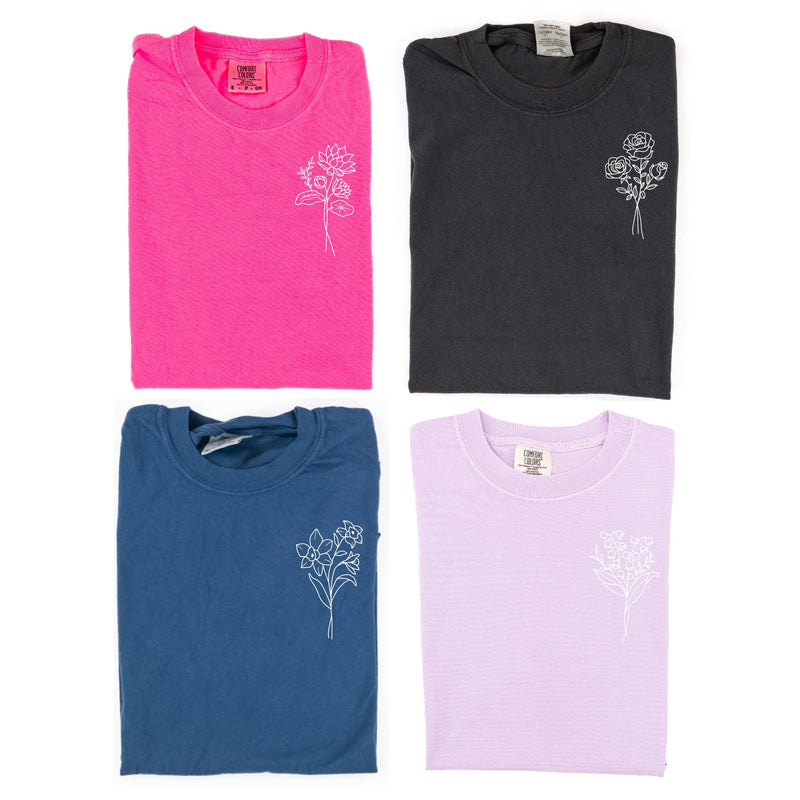 Embroidered Comfort Colors Tee - 1 Birth Flower w/ White Thread (pocket)