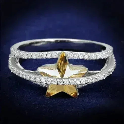 TS315 Rhodium Sterling Silver Ring – Citrine Yellow Crystal Statement Piece