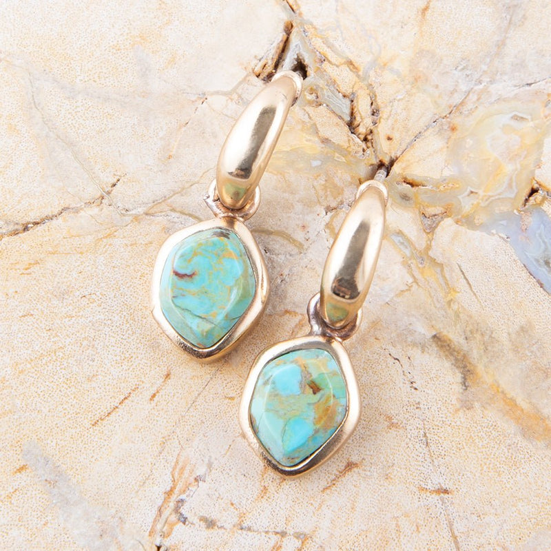 Blue Turquoise and Golden Bronze Half Hoop Earrings