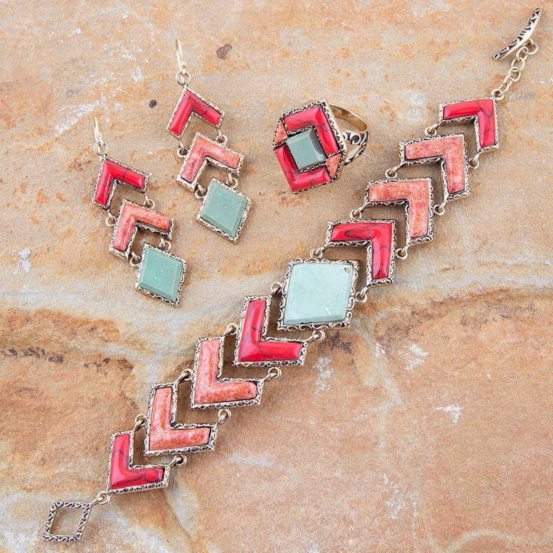 Turquoise and Coral Tapestry Drop Earrings