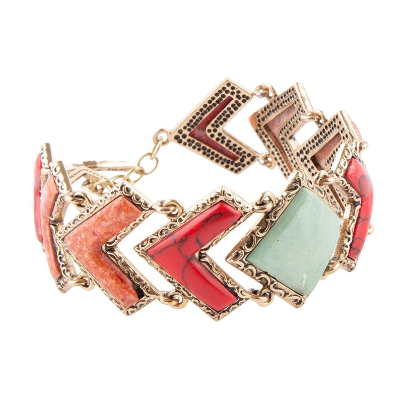 Green Turquoise and Coral Tapestry Golden Link Bracelet