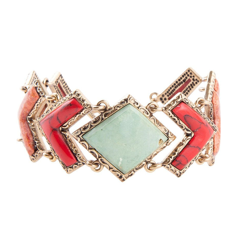 Green Turquoise and Coral Tapestry Golden Link Bracelet