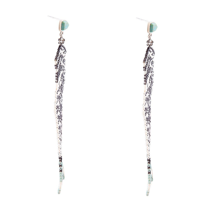 Turquoise Long Woven Seed Bead Earrings