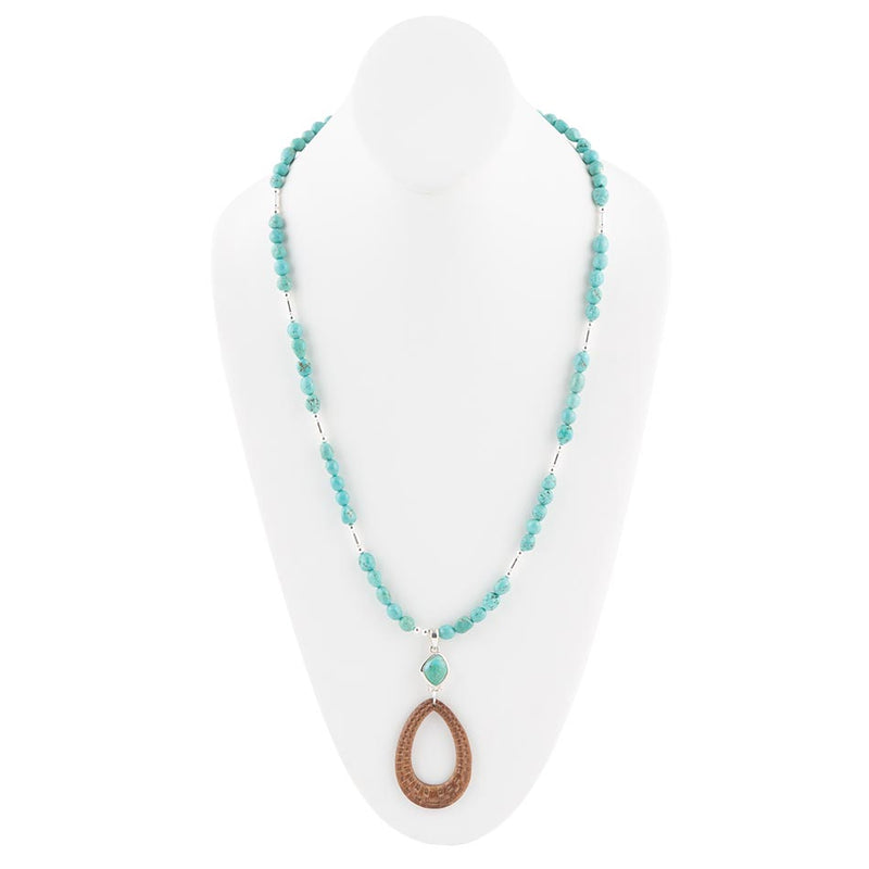 Blue Turquoise and Brown Woven Wood Pendant Sterling Silver Necklace