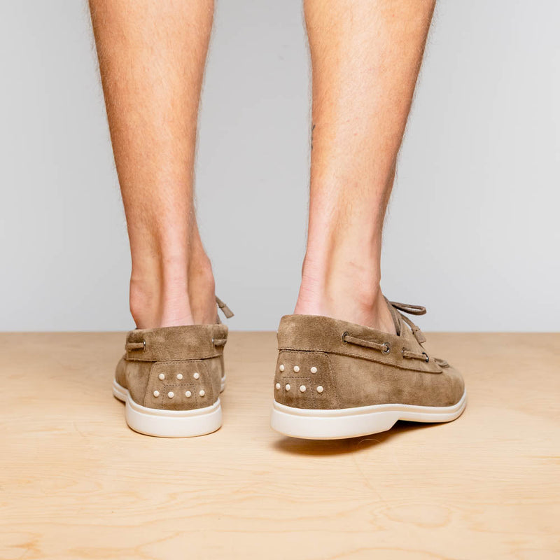 16-675-TPE VENICE Italian Sueded Goatskin Boat Shoes, Taupe