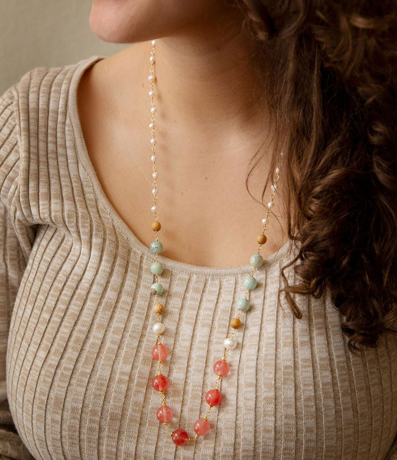 Watermelon Kiss Mint Jasper Golden Long Necklace