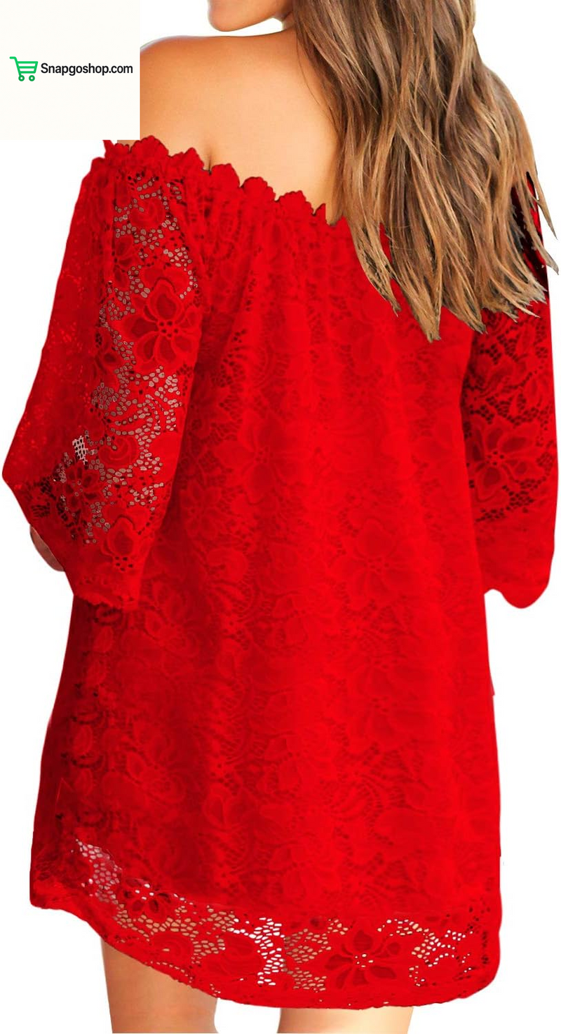 Women'S off Shoulder Lace Shift Loose Mini Dress