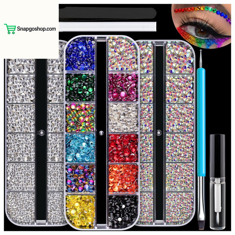 Flat Back Rhinestone Kits Colorful Rhinestones+Crystal Ab&Transparent White Face Gems Nail Gem with Quick Dry Makeup Glue+Picker Pencil+Tweezer for Bedazzling Face Makeup and Nail Art